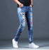 Slim Fit Korean Streetwear Graphical Printed Luxury Hip-Hop Stretch Denim Jeans for Men - Perfect Medium Wash Jeans Outfit